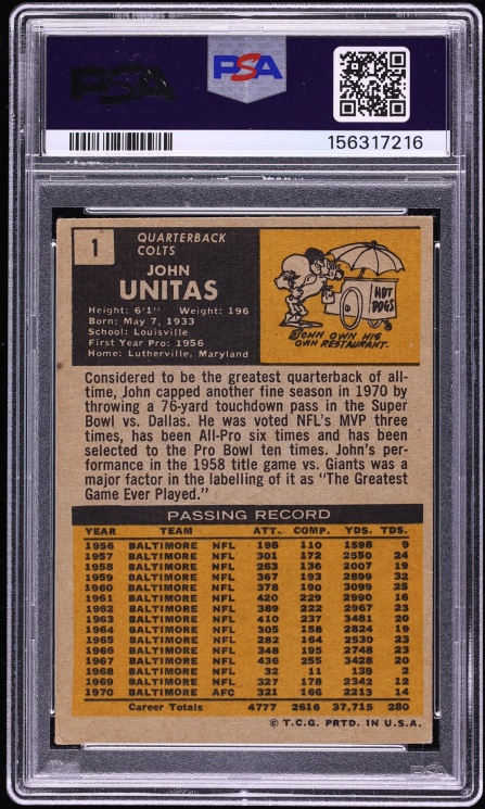 1971 Topps Football Johnny Unitas #1 PSA 3 VG