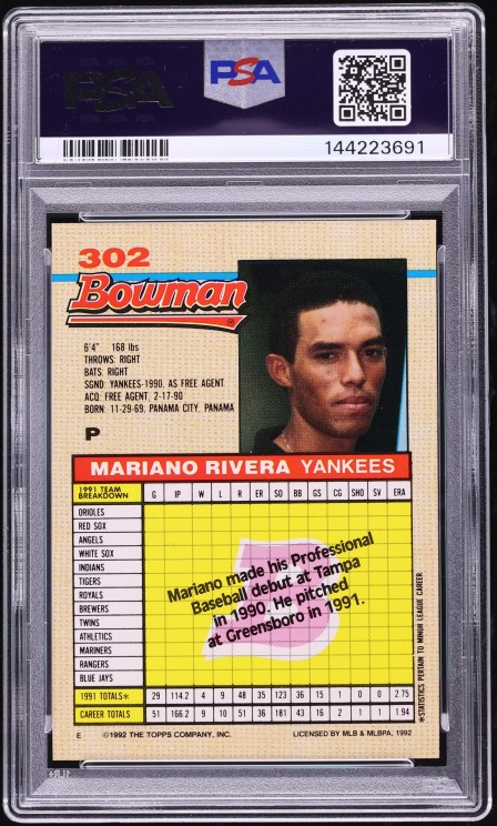1992 Bowman Mariano Rivera ROOKIE #302 PSA 9 MINT