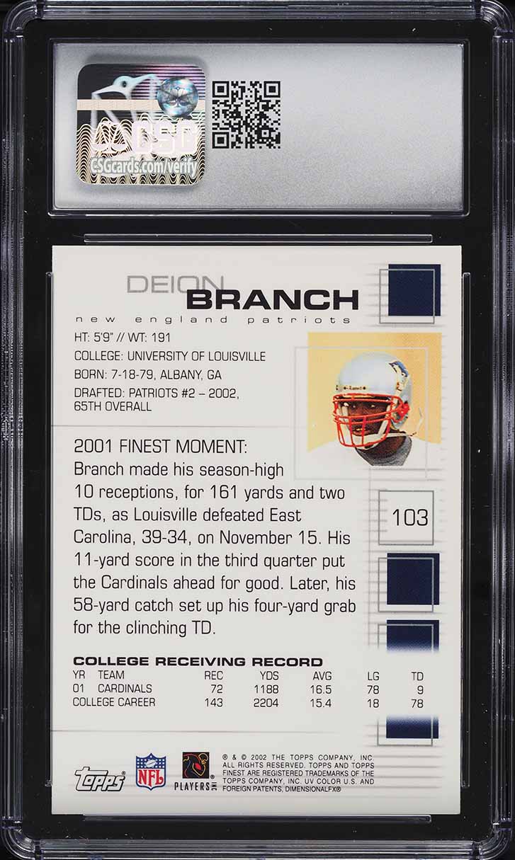 2002 Finest Football Deion Branch ROOKIE #103 CSG 9 MINT