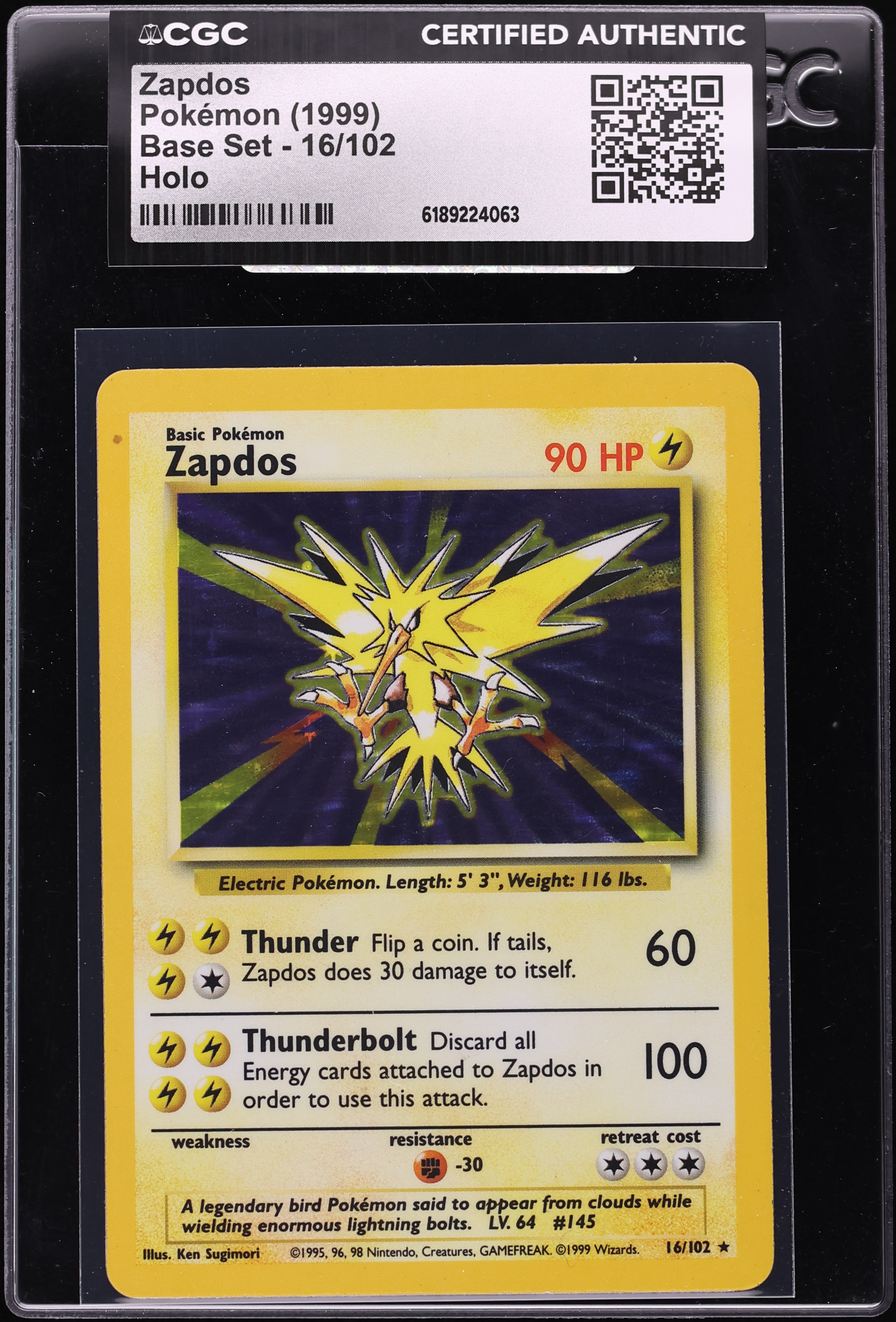 1999 Pokemon Base Set Holo Zapdos #16 CGC AUTH