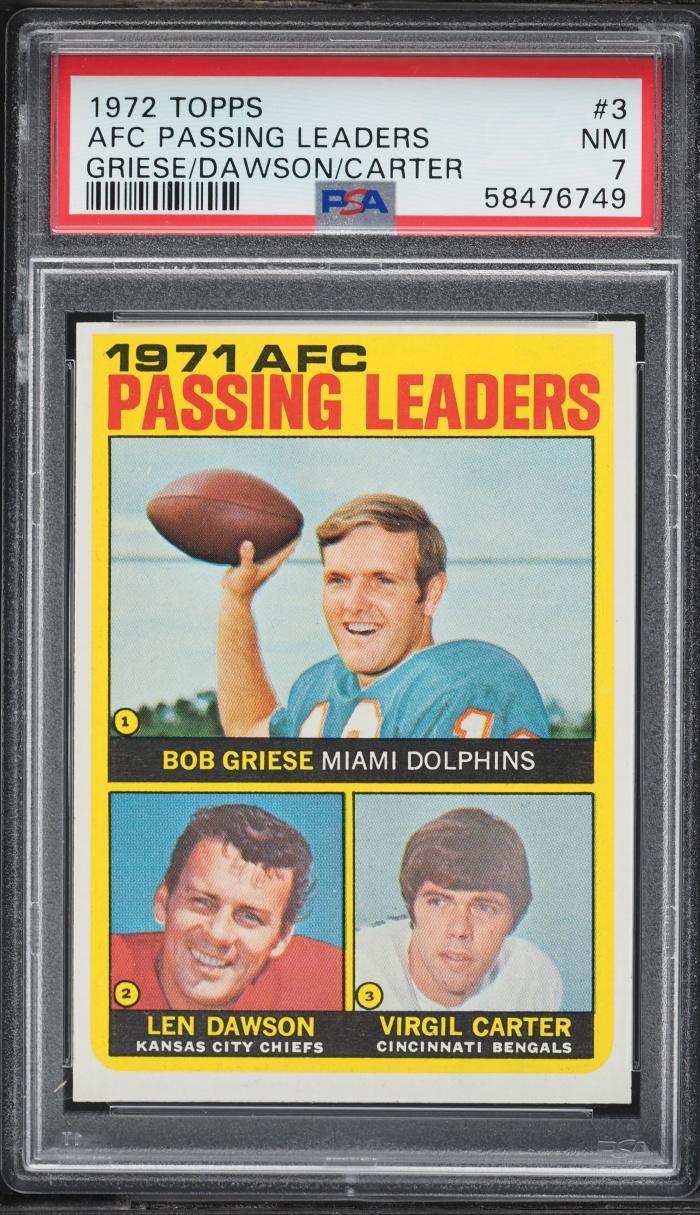 1972 Topps Football Bob Griese Len Dawson & Virgil Carter AFC PASSING LEADERS #3 PSA 7 NRMT