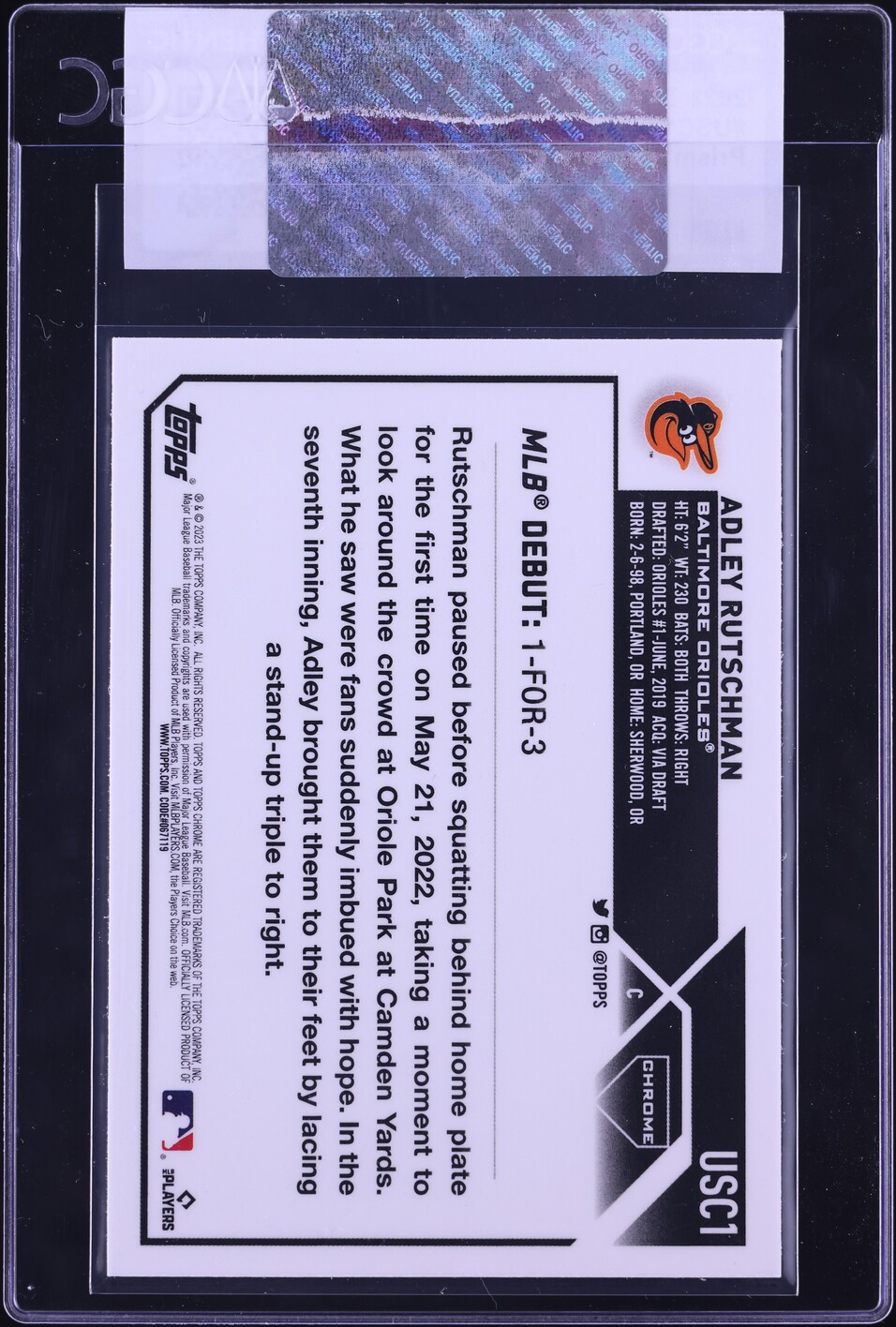2023 Topps Chrome Update Prism Refractor Adley Rutschman ROOKIE #USC1 CGC AUTH