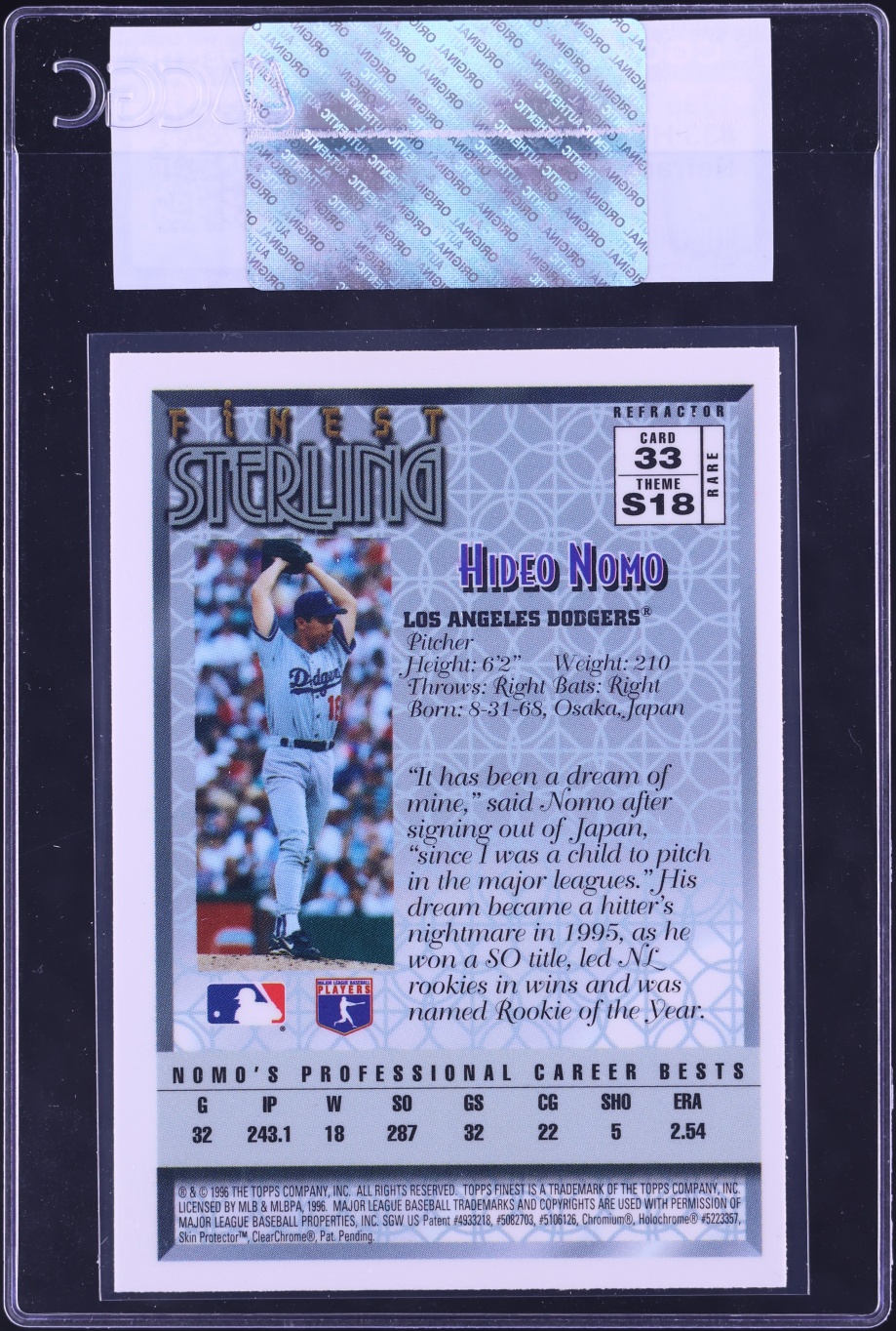 1996 Finest Refractor Hideo Nomo #33 CGC AUTH - Photo 2