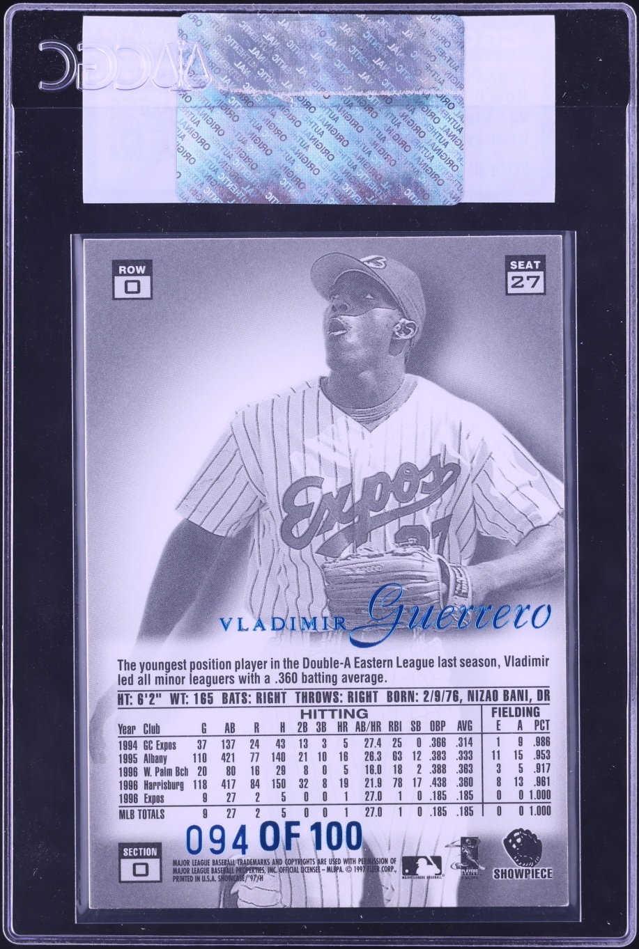1997 Flair Showcase Row 0 Legacy Collection Vladimir Guerrero /100 #27 CGC AUTH - Photo 2