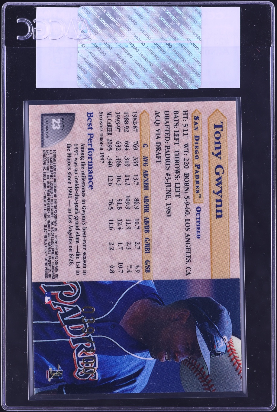1998 Bowman's Best Atomic Refractor Tony Gwynn /100 #23 CGC AUTH - Photo 2