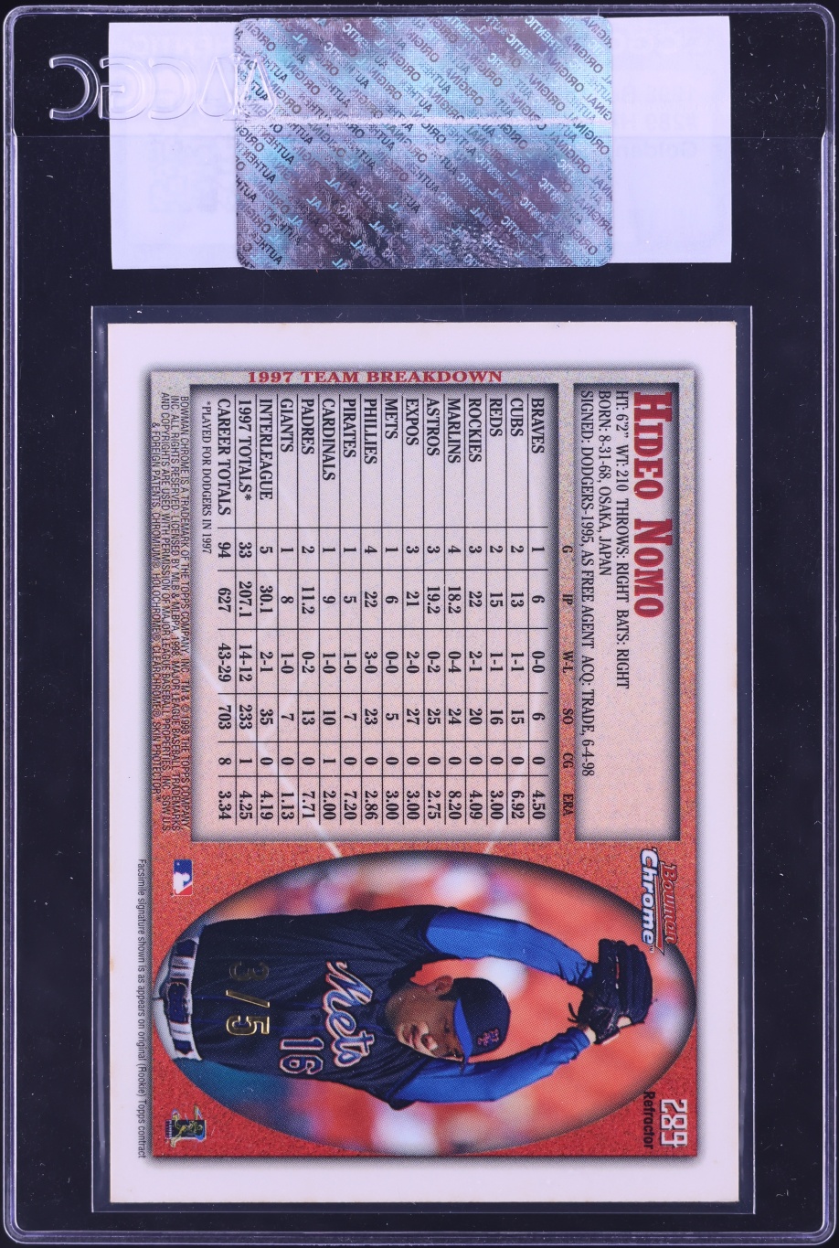 1998 Bowman Chrome Golden Anniversary Refractor Hideo Nomo /5 #289 CGC AUTH - Photo 2