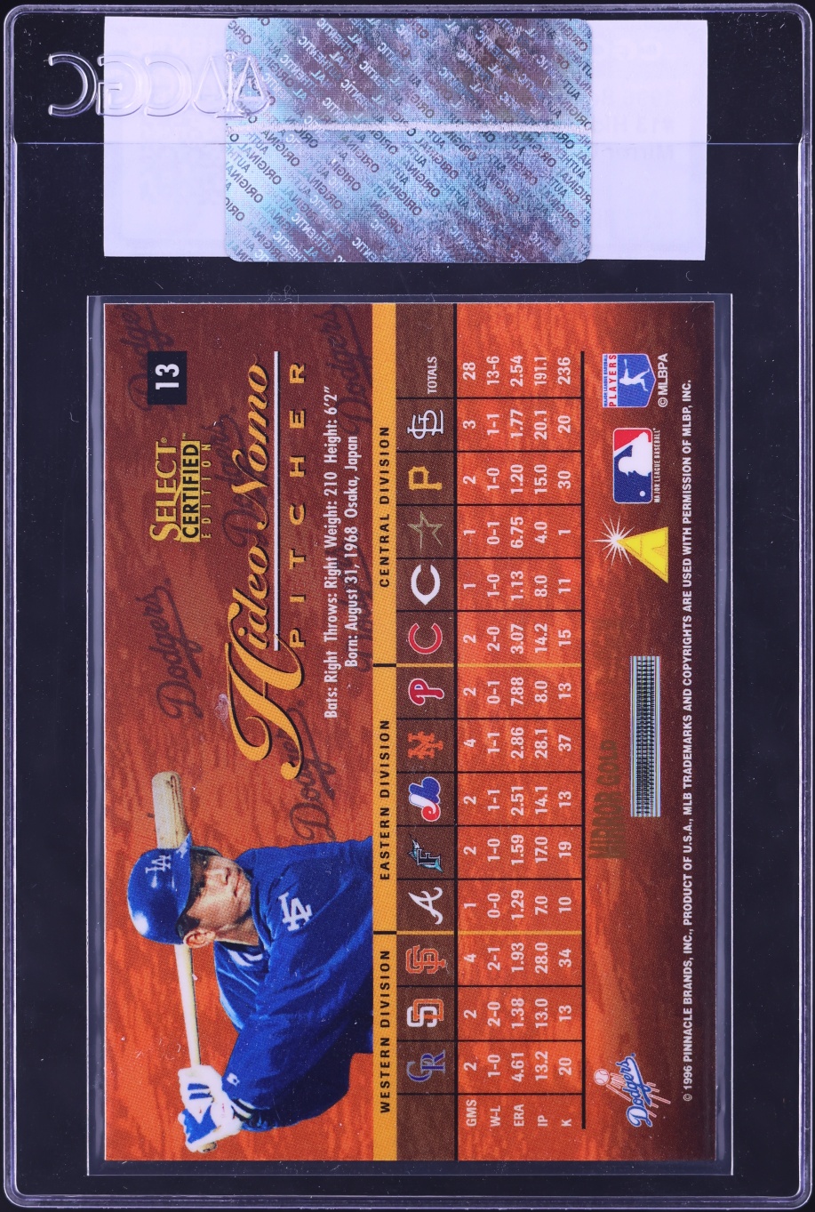 1996 Select Certified Mirror Gold Hideo Nomo /30 #13 CGC AUTH - Photo 2