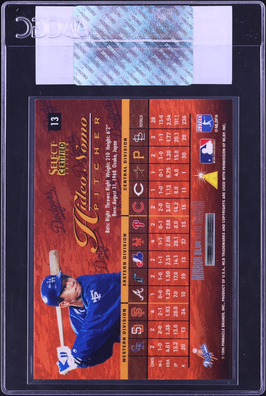 1996 Select Certified Mirror Blue Hideo Nomo #13 CGC AUTH - Photo 2