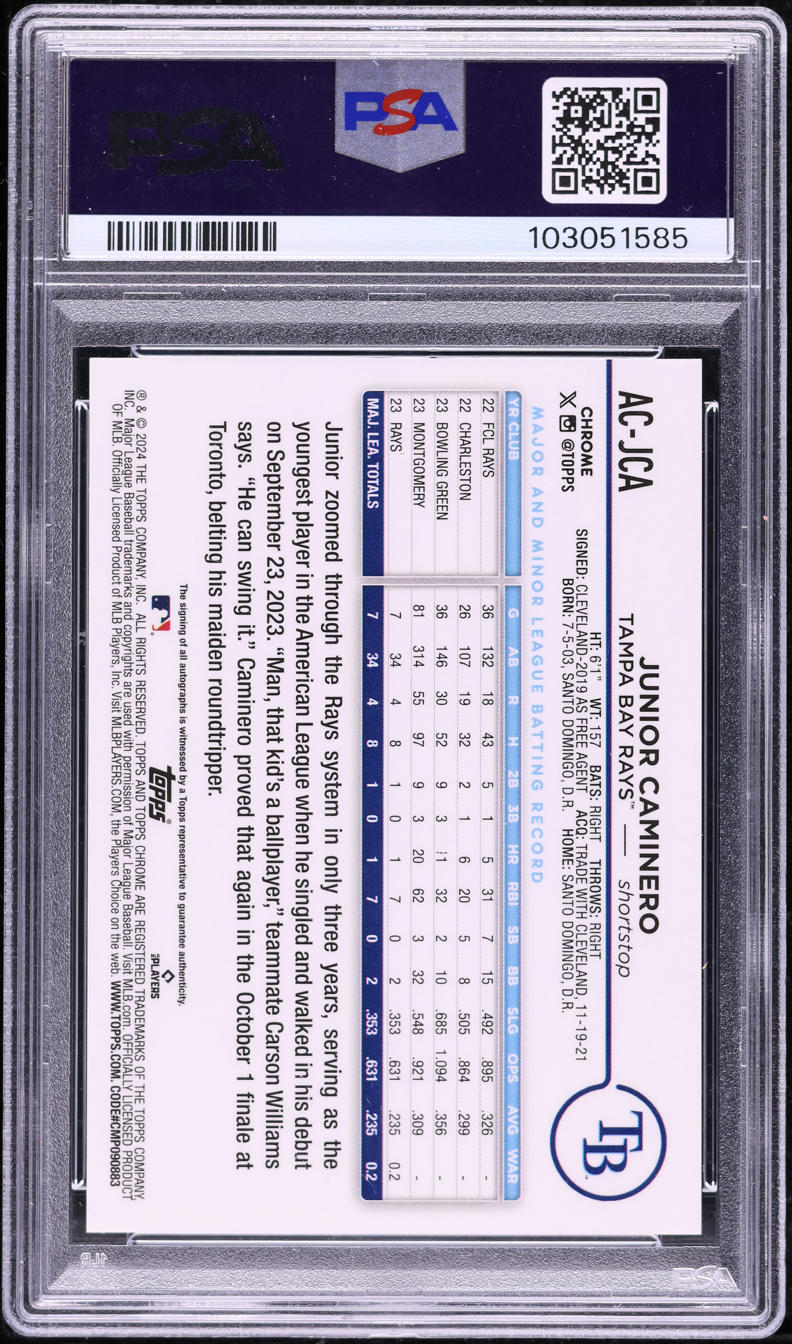2024 Topps Chrome Update Red Refractor Junior Caminero RC AUTO DNA 10 /5 PSA 10