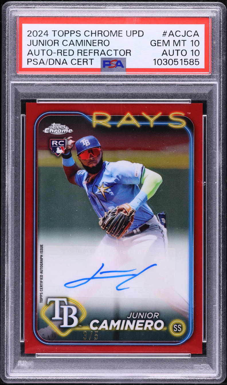 2024 Topps Chrome Update Red Refractor Junior Caminero RC AUTO DNA 10 /5 PSA 10