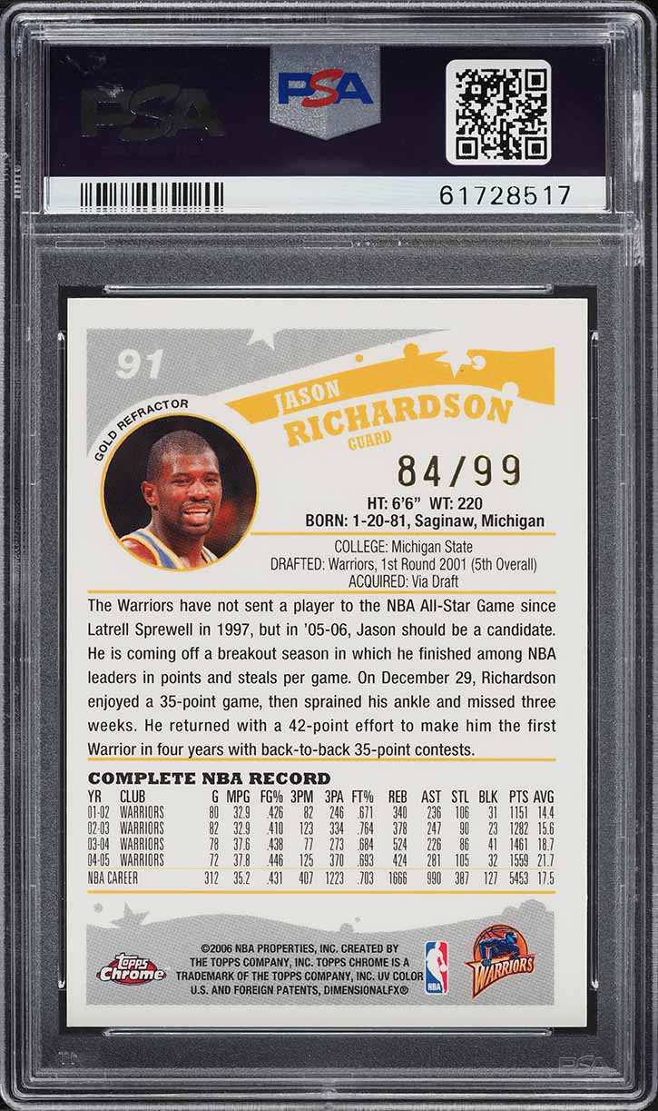 2005 Topps Chrome Gold Refractor Jason Richardson /99 #91 PSA 9 MINT