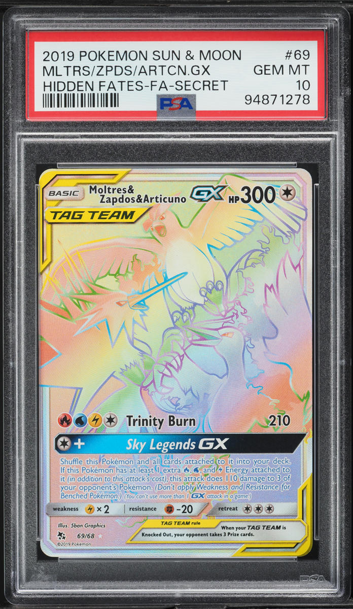 2019 Pokemon Sun & Moon Hidden Fates Rainbow Rare Moltres Zapdos Articuno GX #69 PSA 10 GEM