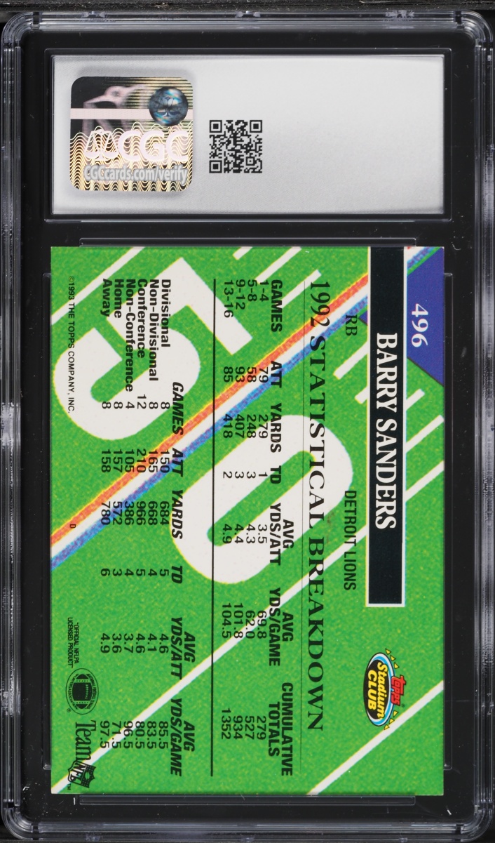 1993 Stadium Club Members Choice Barry Sanders #496 CGC 9 MINT