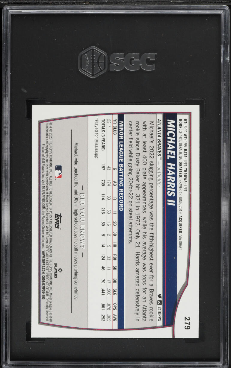 2023 Topps Big League Michael Harris II ROOKIE #279 SGC 10 GEM MINT