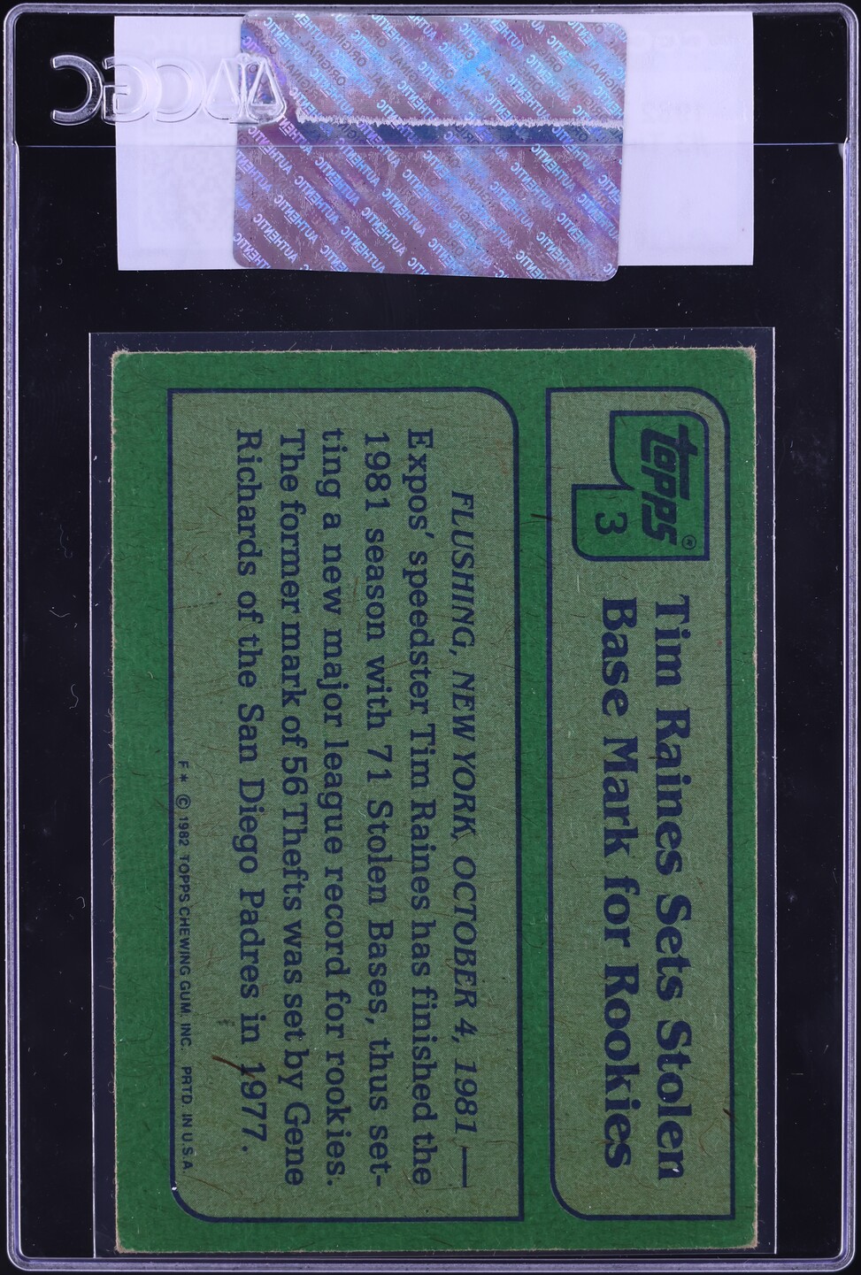 1982 Topps Tim Raines #3 CGC AUTH