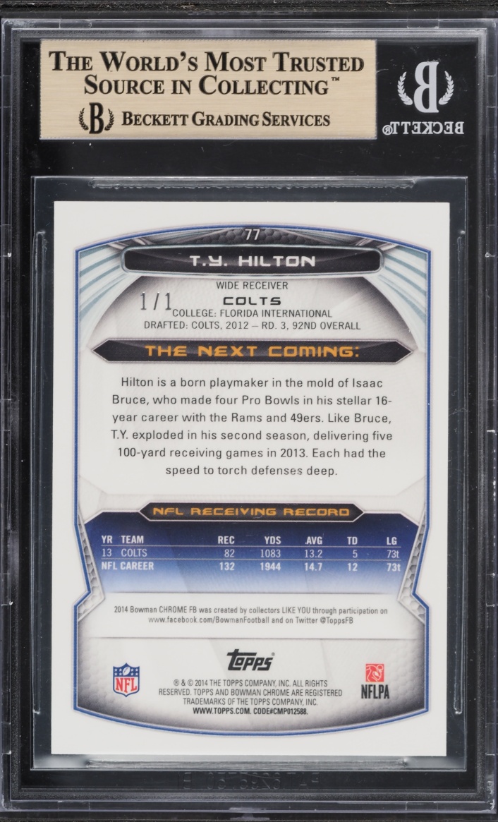 2014 Bowman Chrome Superfractor T.Y. Hilton 1/1 #77 BGS 9.5 GEM MINT
