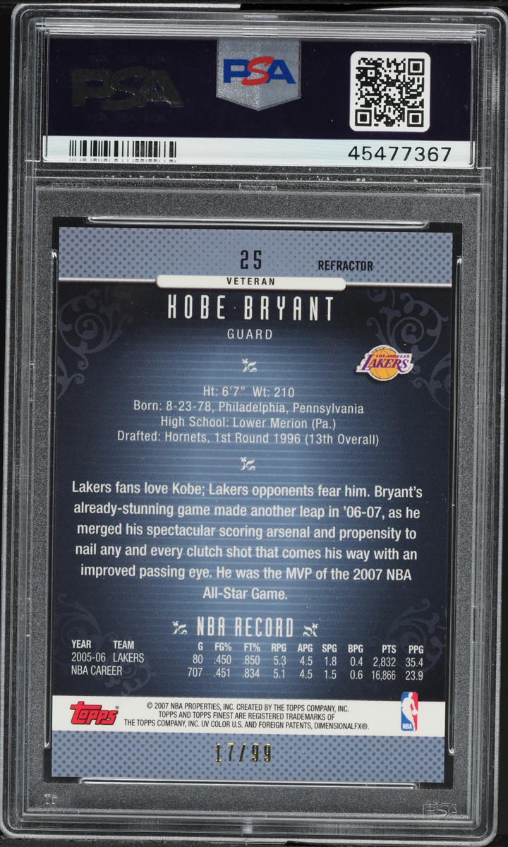 2006 Finest Black Refractor Kobe Bryant /99 #25 PSA 10 GEM MINT