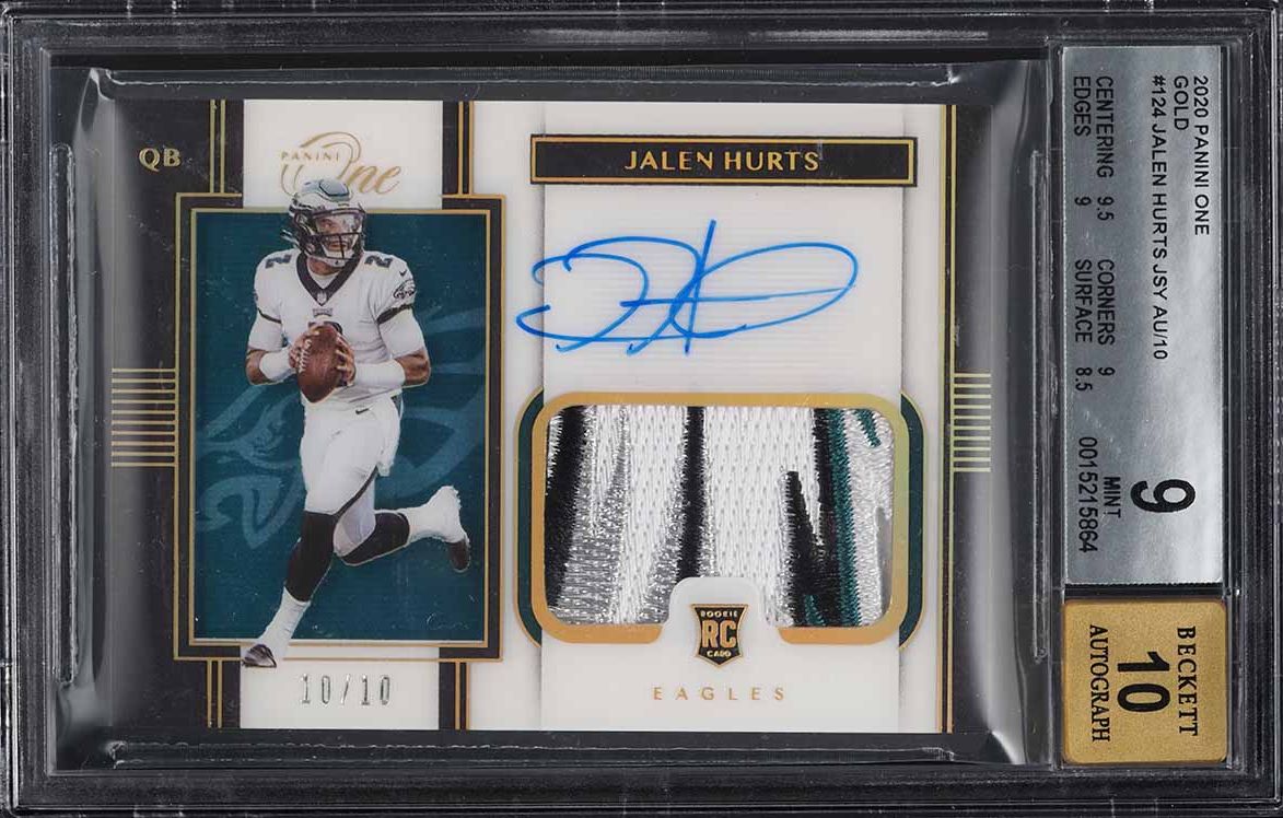 2020 Panini One Gold Jalen Hurts ROOKIE PATCH AUTO 10/10 #124 BGS 9 MINT