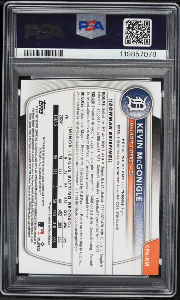 2025 Bowman Chrome Orange Refractor Kevin McGonigle PROSPECT AUTO DNA 9 /25 #CPAKM PSA 9 MINT