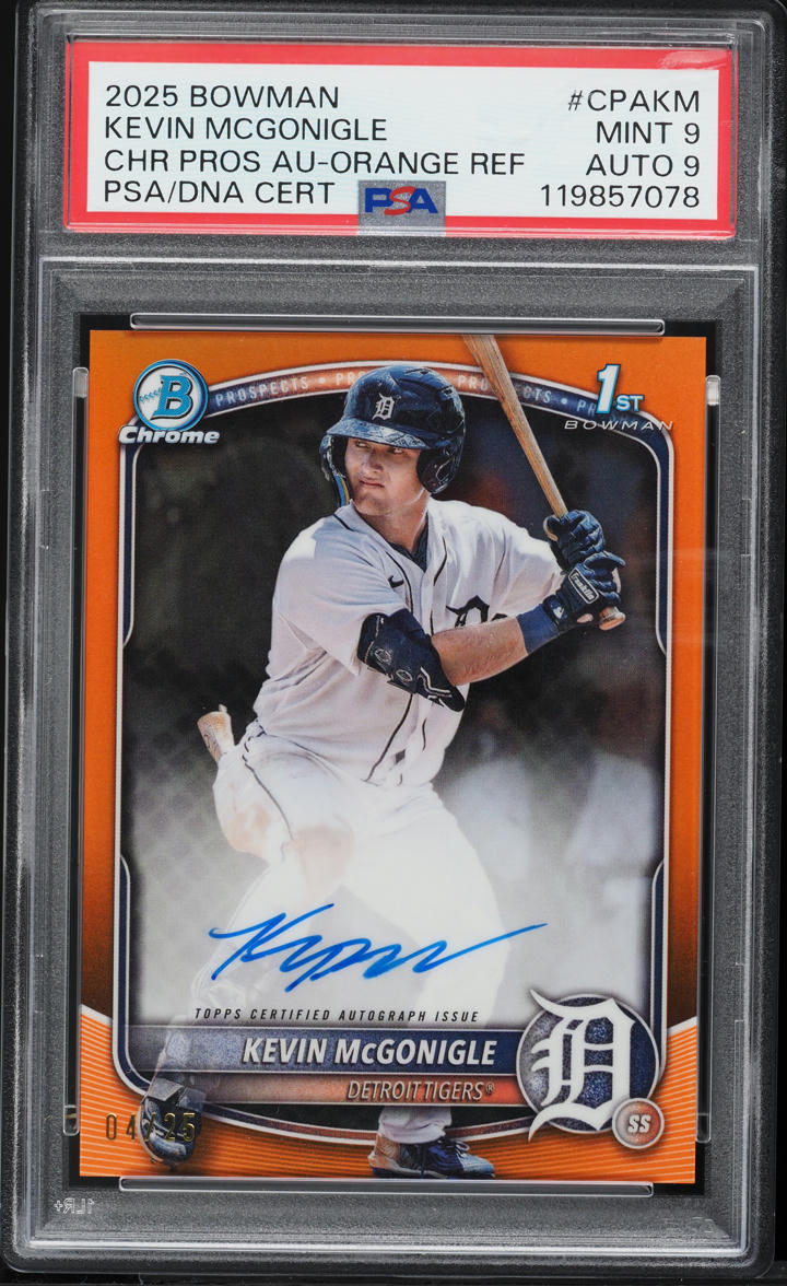 2025 Bowman Chrome Orange Refractor Kevin McGonigle PROSPECT AUTO DNA 9 /25 #CPAKM PSA 9 MINT