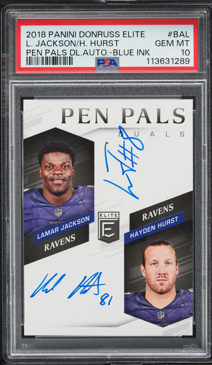 2018 Donruss Elite Pen Pals Duals Blue Ink Jackson Hurst AUTO #PPD-BAL PSA 10