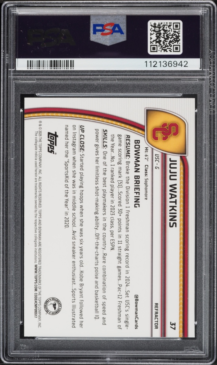 2024 Bowman Chrome University Refractor Juju Watkins #37 PSA 10 GEM MINT