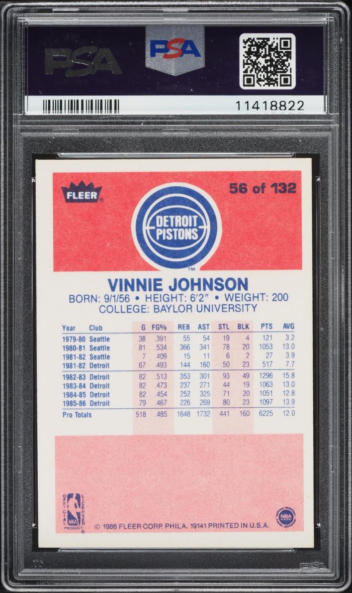 1986 Fleer Basketball Vinnie Johnson #56 PSA 9 MINT