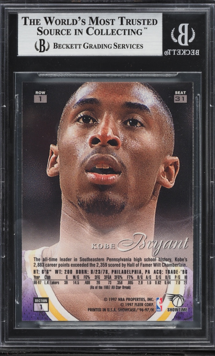 1996 Flair Showcase Row 1 Kobe Bryant ROOKIE #31 BGS 9 MINT - Photo 2