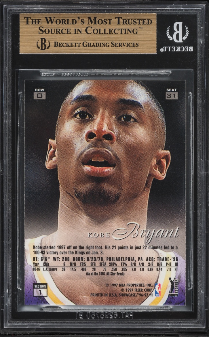 1996 Flair Showcase Row 0 Kobe Bryant ROOKIE #31 BGS 9.5 GEM MINT - Photo 2