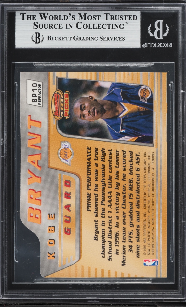 1996 Bowman's Best Picks Refractor Die-Cut Kobe Bryant ROOKIE #BP10 BGS 9 MINT - Photo 2
