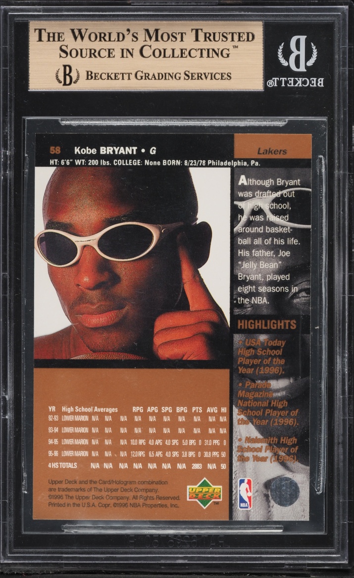1996 Upper Deck Basketball Kobe Bryant ROOKIE #58 BGS 9.5 GEM MINT - Photo 2