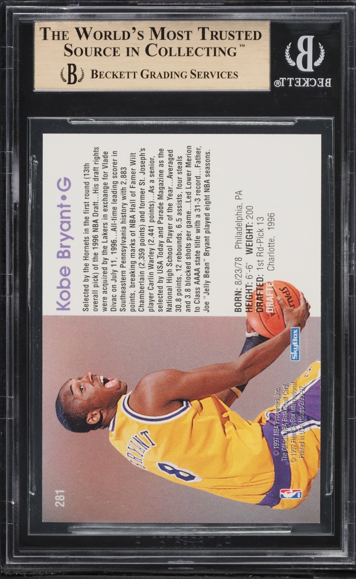 1996 Hoops Kobe Bryant ROOKIE #281 BGS 9.5 GEM MINT - Photo 2