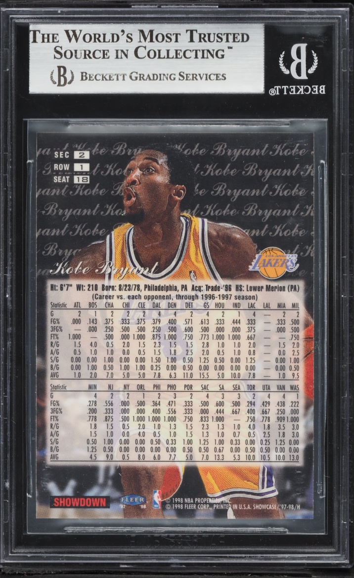 1997 Flair Showcase Row 1 Kobe Bryant #18 BGS 9 MINT - Photo 2