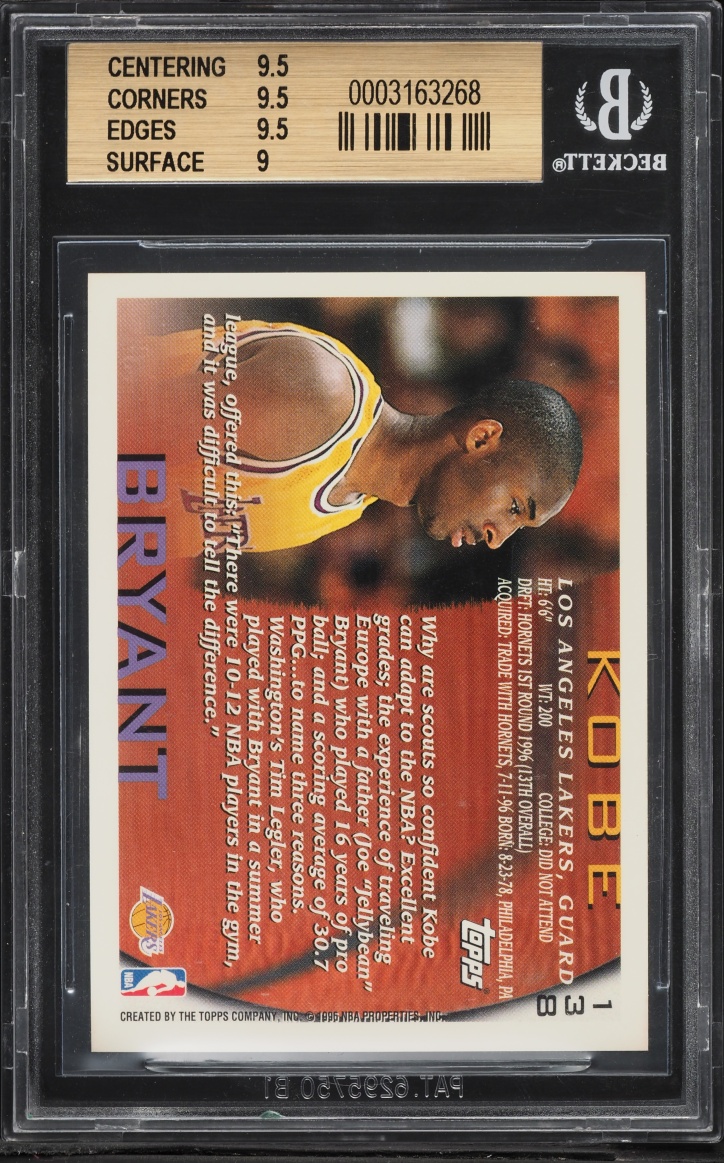 1996 Topps Basketball Kobe Bryant ROOKIE #138 BGS 9.5 GEM MINT - Photo 2