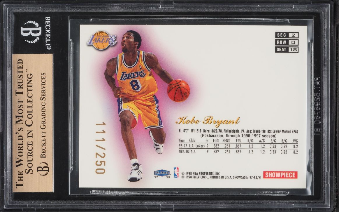 1997 Flair Showcase Row 0 Kobe Bryant /250 #18 BGS 9.5 GEM MINT - Photo 2