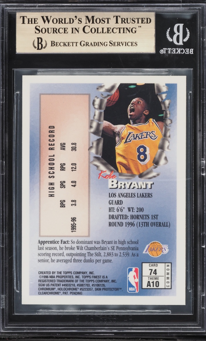 1996 Finest w/ Coating Kobe Bryant ROOKIE #74 BGS 9.5 GEM MINT - Photo 2