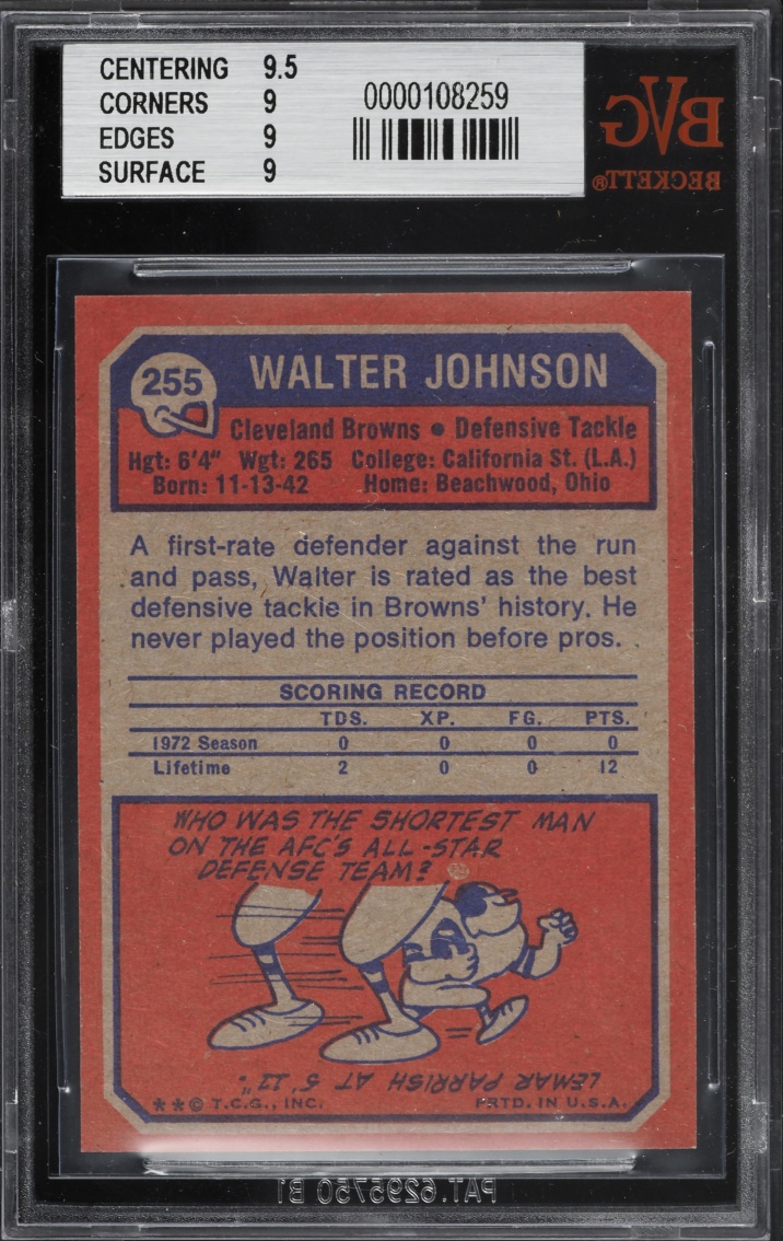1973 Topps Football Walter Johnson #255 BVG 9 MINT