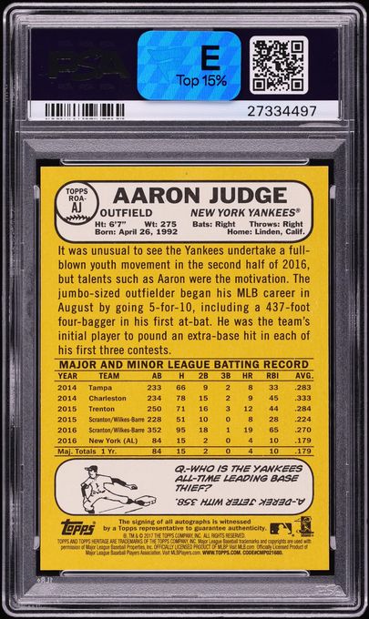 2017 Topps Heritage Real One Red Ink Aaron Judge ROOKIE AUTO DNA 10 /68 #ROA-AJ PSA 10 GEM MINT