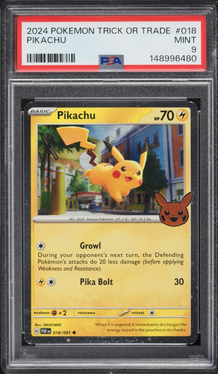 2024 Pokemon Scarlet & Violet Paldean Fates Trick Or Trade Holo Pikachu #18 PSA 9 MINT