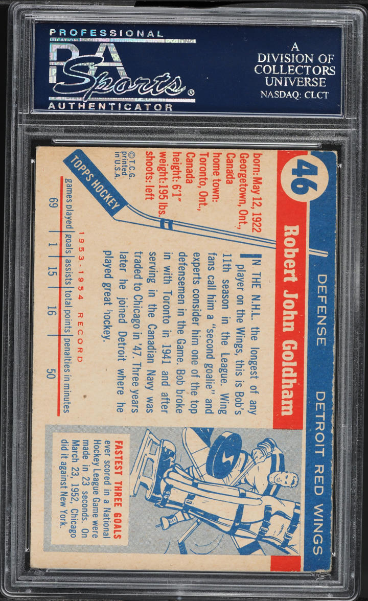 1954 Topps Hockey Bob Goldham #46 PSA 6 EXMT