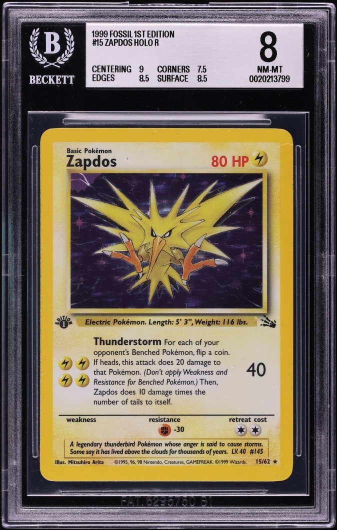 1999 Pokemon Fossil 1st Edition Holo Zapdos #15 BGS 8 NM-MT