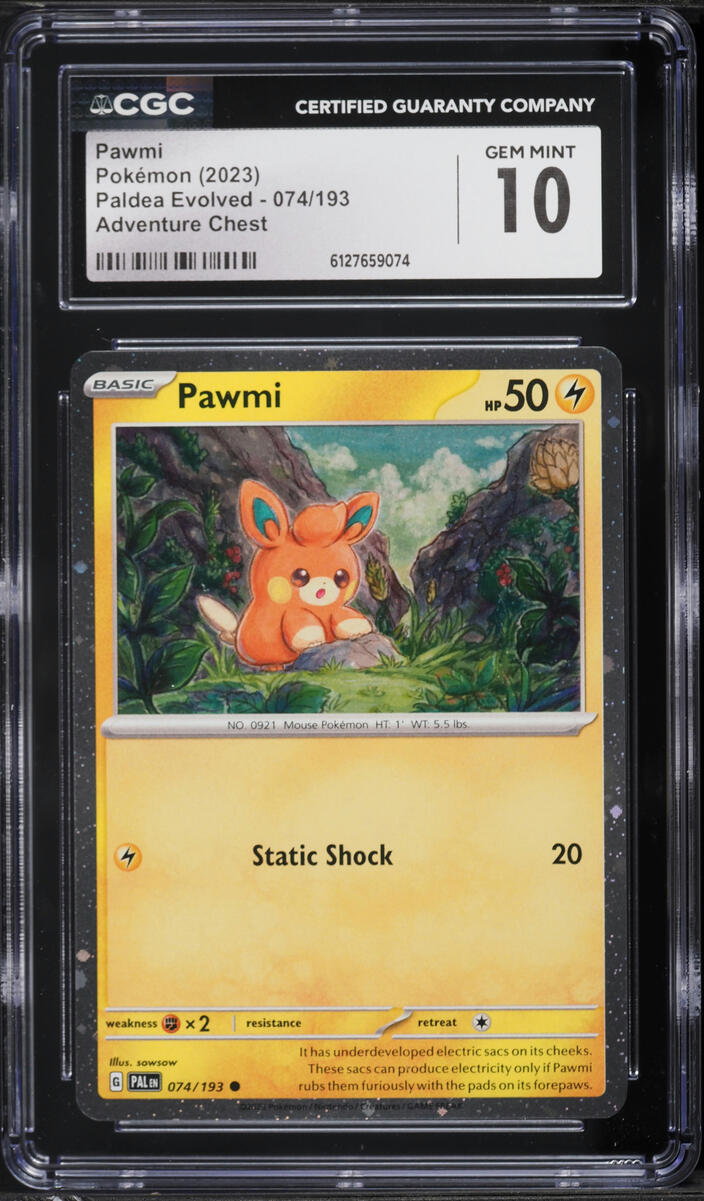 2023 Pokemon Scarlet & Violet Paldea Evolved Adventure Chest Pawmi #74 CGC 10 GEM MINT