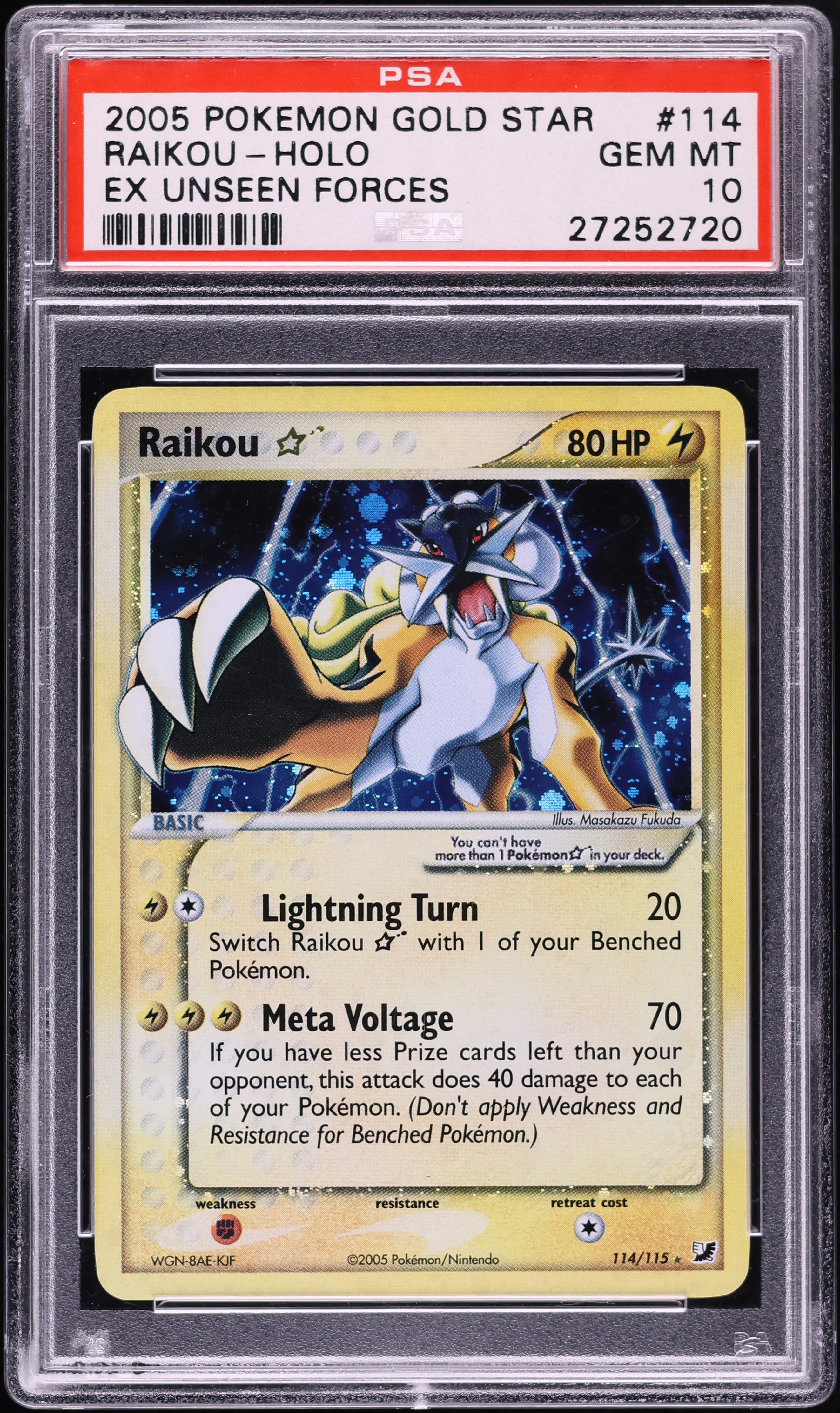 2005 Pokemon EX Unseen Forces Holo Raikou Gold Star #114 PSA 10 GEM MINT