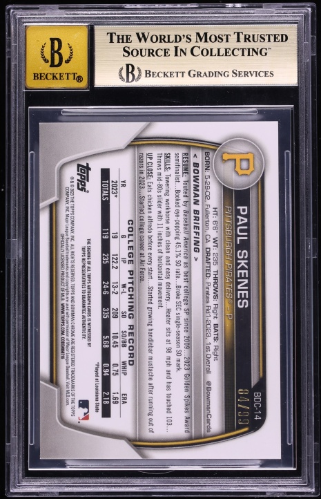 2023 Bowman Chrome Draft Image Variation Paul Skenes PROSPECT AUTO /99 #BDC-14 BGS 9.5 GEM MINT