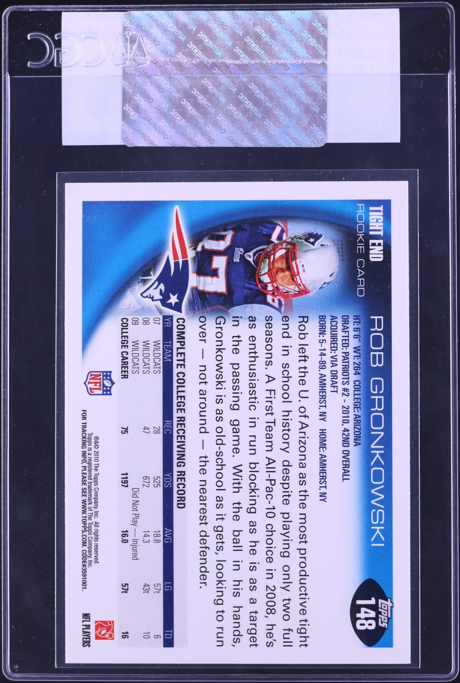 2010 Topps Football Rob Gronkowski ROOKIE #148 CGC AUTH