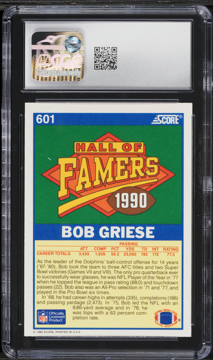 1990 Score Football Bob Griese #601 CGC 9 MINT