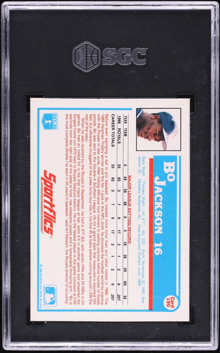 1987 Sportflics Bo Jackson ROOKIE #190 SGC 9 MINT