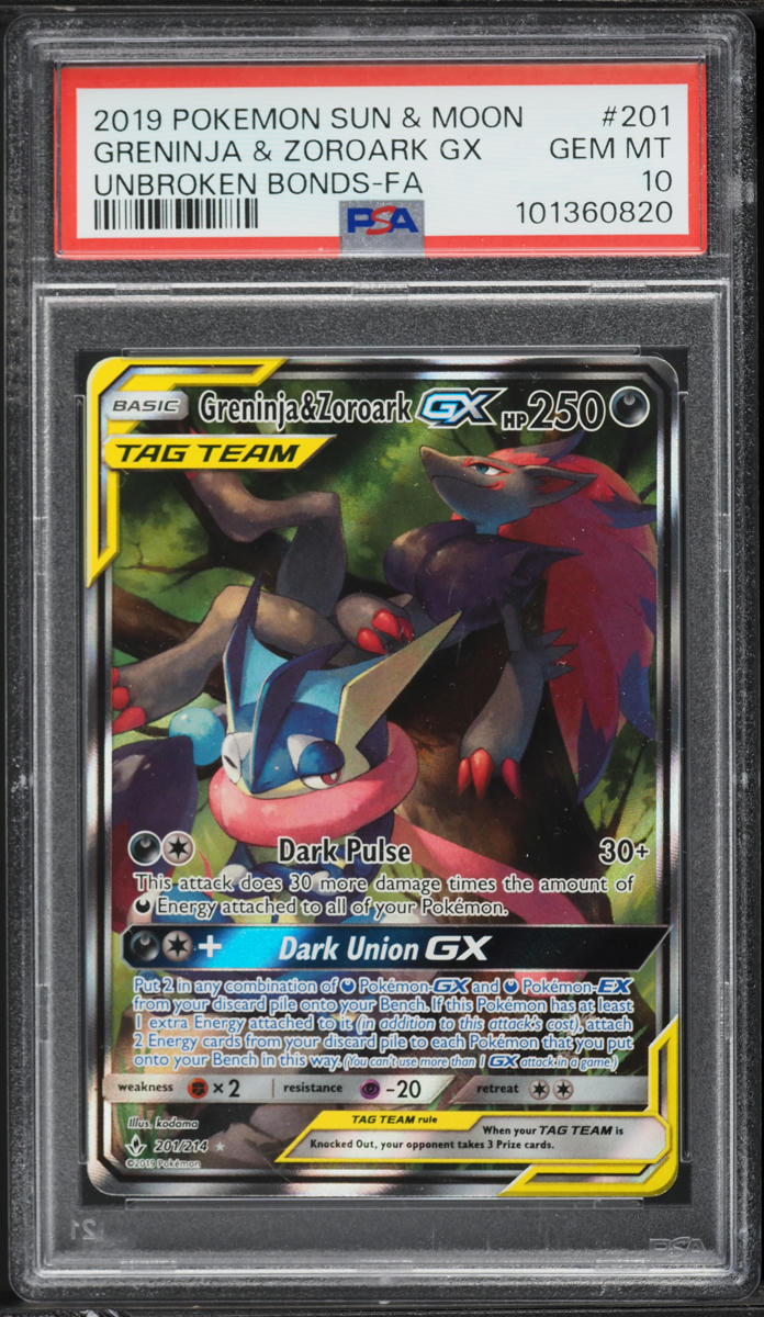2019 Pokemon Sun & Moon Unbroken Bonds Full Art Greninja & Zoroark GX #201 PSA 10 GEM MINT
