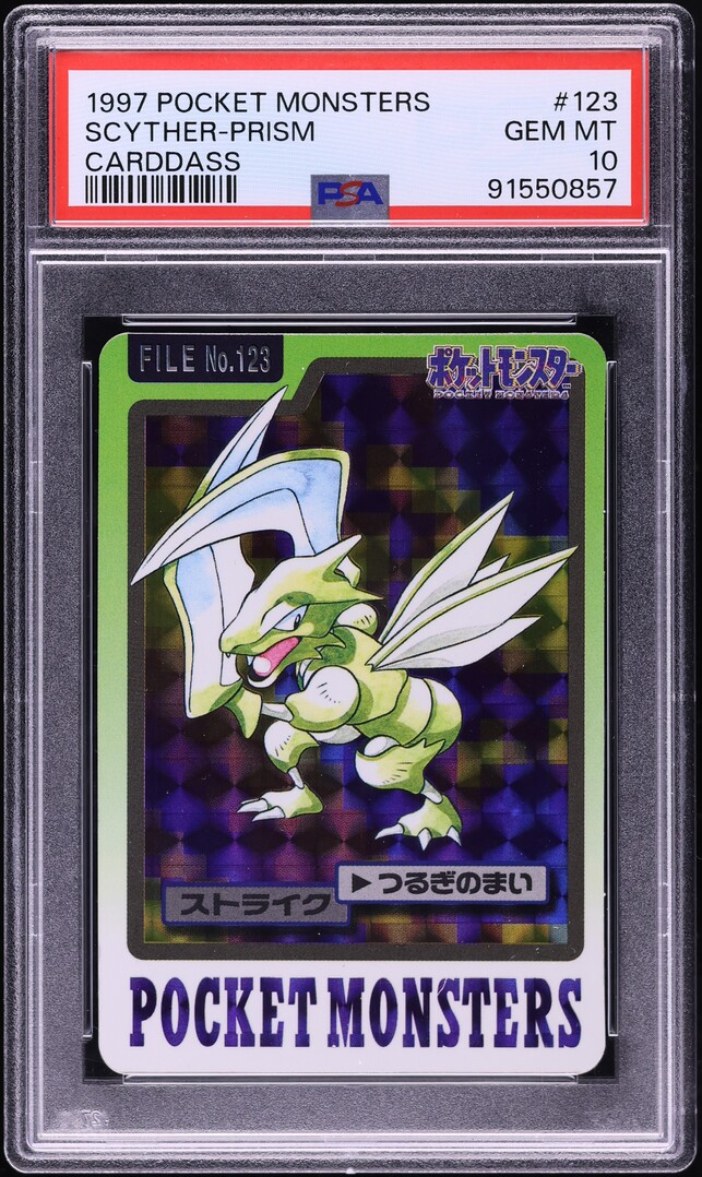1997 Pokemon Japanese Pocket Monsters Carddass Prism Scyther #123 PSA 10 GEM