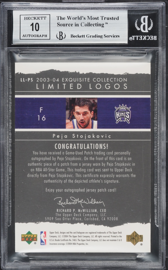 2003 Exquisite Collection Limited Logos Peja Stojakovic PATCH AUTO /75 #LL-PS BGS 8.5 NM-MT+